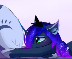 Size: 2400x1971 | Tagged: safe, artist:magnaluna, imported from derpibooru, princess luna, alicorn, pony, blushing, crown, curved horn, dragon egg, ear fluff, egg, ethereal mane, female, high res, hoof shoes, horn, jewelry, looking at something, lying down, mare, princess shoes, profile, regalia, side view, solo, wings