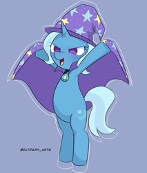 Size: 1744x2048 | Tagged: safe, artist:eltrash_art6, imported from derpibooru, trixie, pony, unicorn, belly, bipedal, blue background, blushing, cape, clothes, cute, diatrixes, female, hat, horn, mare, open mouth, simple background, solo, trixie's cape, trixie's hat