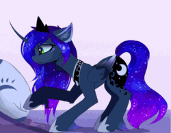 Size: 1456x1128 | Tagged: safe, artist:magnaluna, imported from derpibooru, princess luna, alicorn, pony, animated, crown, curved horn, dragon egg, ear fluff, egg, ethereal mane, ethereal tail, female, folded wings, gif, high res, hoof shoes, horn, jewelry, looking at something, mare, peytral, princess shoes, profile, regalia, side view, solo, tail, wings