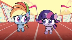 Size: 736x414 | Tagged: safe, imported from derpibooru, screencap, rainbow dash, twilight sparkle, alicorn, pegasus, pony, my little pony: pony life, duo, duo female, female, mare, running, the great collide, twilight sparkle (alicorn)