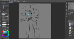 Size: 1917x1001 | Tagged: safe, artist:psychotix, imported from derpibooru, pinkie pie, earth pony, art program in frame, breaking the fourth wall, cel shading, clip studio paint, confused, doodle, fourth wall, gray background, lidded eyes, missing cutie mark, partial color, pinkie being pinkie, screenshots, shading, simple background, simple shading, talking, talking to herself, tinyface