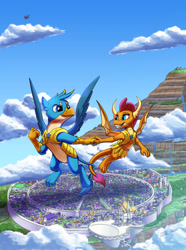 Size: 1485x2000 | Tagged: safe, artist:tsitra360, imported from derpibooru, gallus, smolder, dragon, griffon, armor, canterlot, cloud, dragoness, duo, duo male and female, female, flying, holding claws, holding hands, male, mountain, royal guard armor