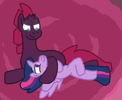 Size: 1295x1062 | Tagged: safe, artist:zoeyhorse, imported from derpibooru, tempest shadow, twilight sparkle, alicorn, pony, unicorn, abstract background, broken horn, cuddling, duo, duo female, female, horn, lesbian, looking at each other, looking at someone, lying down, mare, missing cutie mark, on back, shipping, smiling, smiling at each other, tempestlight, twilight sparkle (alicorn)