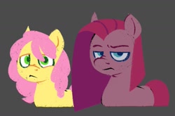 Size: 1595x1054 | Tagged: safe, artist:partyponypower, imported from derpibooru, li'l cheese, pinkie pie, earth pony, pony, the last problem, alternate universe, blue eyes, bust, curly mane, duo, duo male and female, female, frown, gray background, green eyes, lidded eyes, lineless, looking away, male, mare, missing cutie mark, mother and child, mother and son, narrowed eyes, no catchlights, older li'l cheese, pink coat, pink mane, pink tail, pinkamena diane pie, pouting, simple background, straight mane, tail, yellow coat
