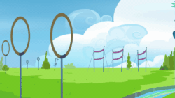 Size: 853x480 | Tagged: safe, imported from derpibooru, screencap, sky stinger, pegasus, pony, season 6, top bolt, animated, clothes, fail, flying, gif, goggles, male, obstacle course, solo, stallion, uniform, wonderbolt trainee uniform