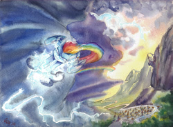 Size: 6880x5063 | Tagged: safe, artist:the-wizard-of-art, imported from derpibooru, rainbow dash, pegasus, pony, absurd resolution, canterlot, cloud, female, flying, lightning, mare, mountain, outdoors, rainbow trail, river, scenery, signature, sky, solo, spread wings, traditional art, water, watercolor painting, wings