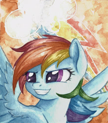 Size: 2140x2446 | Tagged: safe, artist:the-wizard-of-art, imported from derpibooru, part of a set, rainbow dash, pegasus, pony, bust, eyebrows, female, grin, high res, mare, old art, portrait, smiling, solo, spread wings, traditional art, turned head, watercolor painting, wings