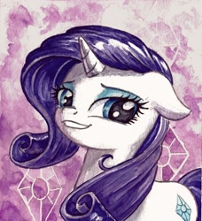 Size: 2246x2464 | Tagged: safe, artist:the-wizard-of-art, imported from derpibooru, part of a set, rarity, pony, unicorn, bust, eyebrows, female, floppy ears, half body, high res, horn, lidded eyes, looking at you, looking away, mare, old art, smiling, smiling at you, solo, traditional art, watercolor painting
