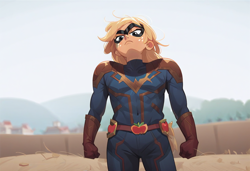 Size: 1216x832 | Tagged: safe, imported from derpibooru, applejack, human, equestria girls, ai content, ai generated, angry, captain marvel (marvel), crossover, disdain, epic, generator:pony diffusion v6 xl, generator:stable diffusion, marvel, prompter:kimberlite, rural, solo, superhero