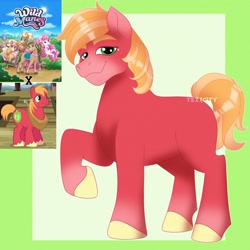 Size: 3000x3000 | Tagged: safe, artist:texacity, imported from derpibooru, big macintosh, earth pony, pony, green background, looking at you, male, missing accessory, missing cutie mark, passepartout, raised hoof, screencap reference, simple background, smiling, smiling at you, stallion, style emulation, wild manes