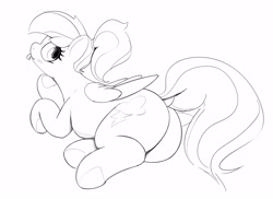 Size: 4096x2990 | Tagged: safe, artist:pabbley, imported from derpibooru, rainbow dash, pegasus, pony, alternate hairstyle, black and white, butt, cute, dashabetes, dock, female, grayscale, hoof on chin, looking back, lying down, mare, monochrome, plot, ponytail, prone, rainbutt dash, simple background, solo, tail, tongue out, white background