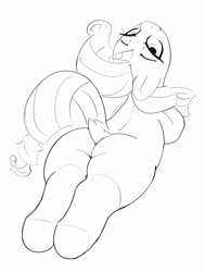 Size: 3033x4003 | Tagged: safe, artist:pabbley, imported from derpibooru, rarity, pony, unicorn, black and white, butt, cute, dock, female, grayscale, horn, lidded eyes, looking at you, looking back, looking back at you, lying down, mare, monochrome, nose in the air, plot, prone, raised tail, raribetes, rearity, simple background, solo, sploot, tail, upside down, white background