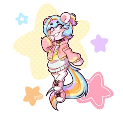 Size: 2000x2000 | Tagged: safe, artist:ak4neh, imported from derpibooru, oc, oc only, oc:oofy colorful, pony, unicorn, abstract background, artfight, clothes, female, hoodie, horn, looking at you, shoes, simple background, solo