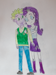 Size: 513x686 | Tagged: safe, artist:hakdurbin, imported from derpibooru, rarity, spike, human, equestria girls, boots, clothes, cute, daaaaaaaaaaaw, duo, eyes closed, eyeshadow, female, hug, hug from behind, human spike, humanized, looking at each other, looking at someone, makeup, male, raribetes, shipping, shoes, smiling, smiling at each other, sparity, spikabetes, straight, sweet dreams fuel, wholesome