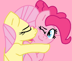 Size: 418x353 | Tagged: safe, artist:jadeharmony, artist:madzbases, imported from derpibooru, fluttershy, pinkie pie, earth pony, pegasus, pony, alternate hairstyle, base used, cheek kiss, cute, daaaaaaaaaaaw, diapinkes, duo, eyes closed, female, flutterpie, hug, kissing, lesbian, mare, one eye closed, pink background, shipping, shyabetes, simple background, smiling, sweet dreams fuel, wholesome