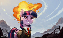 Size: 2560x1536 | Tagged: safe, imported from derpibooru, twilight sparkle, alicorn, ai content, ai generated, clothes, evil grin, explosion, female, generator:stable diffusion, grin, prompter:wiselynxai, smiling, solo, suit, twilight sparkle (alicorn)