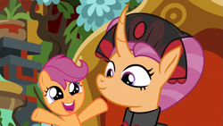 Size: 1023x576 | Tagged: artist needed, safe, anonymous artist, artist:frownfactory, edit, edited screencap, imported from derpibooru, screencap, sable spirit, scootaloo, pony, unicorn, campfire tales, alternate universe, clothes, cute, cutealoo, daaaaaaaaaaaw, dialogue in the description, duo, empress sable spirit, female, filly, foal, horn, looking at each other, looking at someone, mare, mother and child, mother and daughter, open mouth, open smile, scootalove, smiling, smiling at each other, what if, young sable spirit