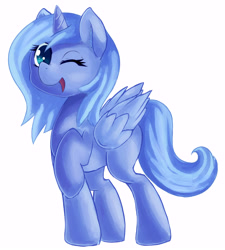 Size: 5400x6000 | Tagged: safe, artist:zokkili, imported from derpibooru, princess luna, alicorn, pony, absurd resolution, female, folded wings, horn, looking at you, mare, one eye closed, open mouth, open smile, raised hoof, s1 luna, simple background, smiling, smiling at you, solo, tail, white background, wings, wink, winking at you