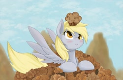 Size: 1625x1050 | Tagged: safe, artist:zokkili, imported from derpibooru, derpy hooves, pegasus, pony, blushing, cute, derp, derpabetes, female, food, mare, muffin, outdoors, sky, solo, spread wings, that pony sure does love muffins, wings