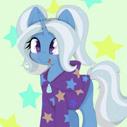 Size: 2048x2048 | Tagged: safe, artist:zokkili, imported from derpibooru, trixie, pony, unicorn, alternate hairstyle, babysitter trixie, clothes, cute, diatrixes, female, gameloft, high res, hoodie, horn, mare, my little pony: magic princess, open mouth, open smile, pigtails, smiling, solo, tail, twintails