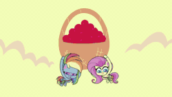 Size: 1280x720 | Tagged: safe, imported from derpibooru, screencap, applejack, fluttershy, pinkie pie, rainbow dash, rarity, twilight sparkle, alicorn, earth pony, pegasus, pony, unicorn, my little pony: pony life, absurd file size, absurd gif size, animated, apple, apple tree, eye reflection, female, flying, food, gif, hawthorne the third, horn, male, mane six, mare, monster, plant, reflection, shrinking, spitting, terrorarium, throwing, tree, twilight sparkle (alicorn), victory, water, water balloon