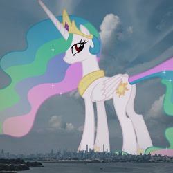 Size: 1440x1440 | Tagged: safe, artist:90sigma, edit, editor:jaredking779, imported from derpibooru, princess celestia, alicorn, pony, alternate eye color, attack on pony, butt, crown, female, folded wings, giant pony, giantess, giantlestia, highrise ponies, hoof shoes, irl, jewelry, looking at you, looking back, looking back at you, macro, manhattan, mare, new york, new york city, peytral, photo, plot, ponies in real life, princess shoes, red eyes, regalia, smiling, standing, story included, sunbutt, tall, vulgar description, wings