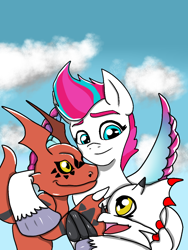 Size: 768x1024 | Tagged: safe, artist:lullabyjak, imported from derpibooru, zipp storm, guilmon, pegasus, commission, crossover, digimon, g5, gammamon