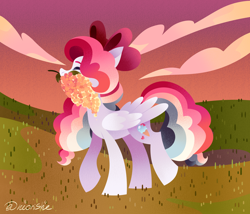 Size: 4000x3429 | Tagged: safe, artist:neonishe, imported from derpibooru, oc, oc only, oc:sky sorbet, pegasus, pony, art trade, bow, flower, hair bow, happy, solo, walking