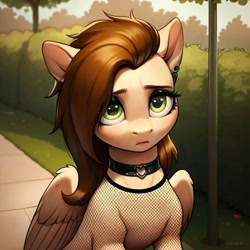 Size: 800x800 | Tagged: safe, ai generated, imported from derpibooru, oc, oc only, oc:emily hurricane, pegasus, pony, ai content, black eyeshadow, brown mane, bush, choker, ear piercing, eyeshadow, fishnet clothing, generator:pony diffusion v6 xl, generator:stable diffusion, goth, green eyes, makeup, park, piercing, prompter:infernum, sad, solo, tree