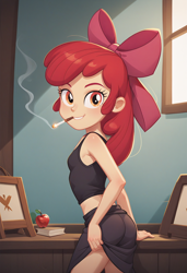 Size: 1664x2432 | Tagged: safe, imported from twibooru, apple bloom, human, equestria girls, ai content, ai generated, cigarette, female, image, png, smoking, solo