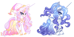 Size: 1920x968 | Tagged: safe, artist:just-silvushka, imported from derpibooru, oc, oc only, alicorn, adoptable, blue eyes, blue eyeshadow, blue mane, blue tail, blushing, bracelet, braid, collar, colored hooves, duo, duo female, eyelashes, eyeshadow, female, glasses, gold, gold glasses, gold hooves, hat, hooves, horn, jewelry, lavender mane, lavender tail, long hair, long horn, long tail, makeup, multicolored mane, multicolored tail, necklace, pink mane, pink tail, planet, ponytail, silver hooves, simple background, stars, striped mane, striped tail, stripes, tail, transparent background, unshorn fetlocks, white fur, witch hat