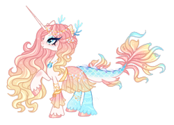 Size: 1920x1386 | Tagged: safe, artist:just-silvushka, imported from derpibooru, oc, oc only, hybrid, unicorn, adoptable, anklet, blue eyes, blue scales, blue tail, blushing, bracelet, circlet, clam, clothes, colored hooves, coral, cream fur, ear piercing, earring, eyelashes, eyeshadow, female, fins, hairpin, hooves, horn, hybrid oc, jewelry, knee blush, long horn, long mane, long tail, makeup, multicolored tail, next generation, nose blush, piercing, pink mane, scales, skirt, stripes, tail