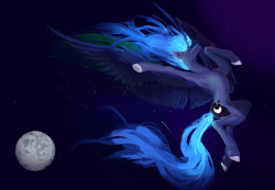 Size: 8000x5535 | Tagged: safe, artist:gemm, imported from derpibooru, princess luna, alicorn, pony, ethereal mane, ethereal tail, female, full body, full moon, horn, mare, moon, night, sky, sky background, solo, spread wings, stars, tail, wings