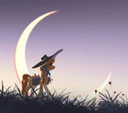 Size: 2258x2000 | Tagged: safe, artist:hichieca, imported from derpibooru, oc, pony, flower, grass, hat, moon, scenery, sky, solo