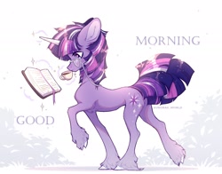 Size: 1940x1520 | Tagged: safe, artist:avroras_world, imported from derpibooru, twilight sparkle, unicorn, book, cup, glasses, solo, teacup, text, unicorn twilight