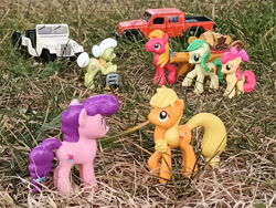 Size: 1032x774 | Tagged: safe, artist:dingopatagonico, imported from derpibooru, apple bloom, apple fritter, applejack, big macintosh, granny smith, sugar belle, earth pony, unicorn, apple family, apple family member, horn, jeep, photo, toy