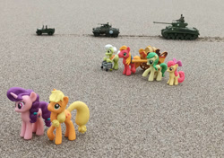 Size: 1064x751 | Tagged: safe, artist:dingopatagonico, imported from derpibooru, apple bloom, apple fritter, applejack, big macintosh, granny smith, sugar belle, earth pony, unicorn, apple family, apple family member, horn, jeep, m4 sherman, photo, tank (vehicle), toy