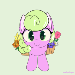 Size: 1000x1000 | Tagged: safe, artist:nutellaenjoyer, imported from derpibooru, daisy, flower wishes, earth pony, pony, chest fluff, cute, female, flower, green background, looking at you, looking up, looking up at you, mare, simple background, solo