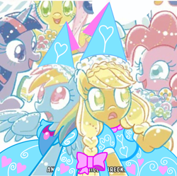 Size: 1080x1076 | Tagged: safe, edit, imported from derpibooru, applejack, fluttershy, pinkie pie, rainbow dash, rarity, twilight sparkle, alicorn, earth pony, pegasus, pony, unicorn, applejack also dresses in style, clothes, dress, froufrou glittery lacy outfit, hat, hennin, horn, mane six, princess, princess applejack, princess rainbow dash, twilight sparkle (alicorn)