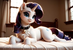 Size: 1216x832 | Tagged: safe, imported from derpibooru, rarity, pony, unicorn, ai content, ai generated, bed, bedroom, bedsheets, bell, bell collar, blue eyes, blushing, chest fluff, collar, curly mane, curly tail, cutie mark, ear fluff, fur, generator:stable diffusion, horn, lipstick, prompter:zetamad, solo, tail