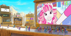 Size: 1600x804 | Tagged: safe, derpibooru exclusive, edit, edited screencap, imported from derpibooru, screencap, earth pony, horse, pegasus, pony, spoiler:my little pony: a new generation, candi (wild manes), g5, livestream, my little pony: a new generation, wild manes, zephyr heights