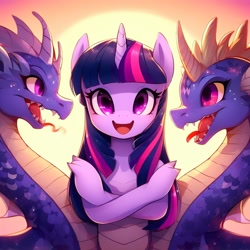 Size: 1024x1024 | Tagged: safe, imported from derpibooru, twilight sparkle, alicorn, dragon, pony, ai content, ai generated, dragoness, excited, female, fusion, generator:bing image creator, generator:dall-e 3, happy, multiple heads, prompter:mysticsunrise87, three heads, twilight sparkle (alicorn), we have become one