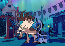 Size: 1414x1000 | Tagged: safe, artist:zetikoopa, imported from derpibooru, princess luna, alicorn, deer, reindeer, them's fightin' herds, clothes, community related, female, male, mare, reine city, shipping, stronghoof hoofstrong (tfh), winter outfit