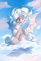 Size: 1365x2048 | Tagged: safe, artist:vanilla-chan, imported from derpibooru, oc, oc only, bat pony, pony, bat pony oc, bat wings, bubble tea, cloud, cute, drink, drinking, frog (hoof), hoof fluff, hoof hold, ocbetes, on a cloud, sitting, sitting on a cloud, sky, smiling, spread wings, straw, underhoof, wings