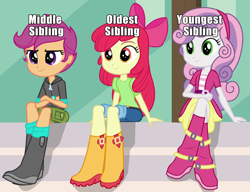 Size: 750x575 | Tagged: safe, edit, edited screencap, imported from derpibooru, screencap, apple bloom, scootaloo, sweetie belle, human, equestria girls, bow, clothes, denim, female, hair bow, headband, humanized, jeans, long hair, my little pony equestria girls: friendship games, op has an opinion, pants, shirt, short hair, shorts, skirt, t-shirt, trio, trio female