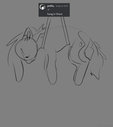 Size: 917x1026 | Tagged: safe, artist:geljado, imported from derpibooru, oc, oc only, oc:broken symmetry, earth pony, pony, digital art, floppy ears, monochrome, simple background, solo, text