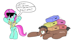 Size: 3500x2000 | Tagged: safe, artist:amateur-draw, imported from derpibooru, oc, oc only, oc:belle boue, oc:oak wood, earth pony, unicorn, bipedal, clothes, exhausted, hawaiian shirt, horn, male, shirt, simple background, speech bubble, stallion, suitcase, sunglasses, sweat, sweatdrop, text, tired, tongue out, white background