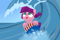 Size: 1500x1000 | Tagged: safe, artist:mightyshockwave, imported from derpibooru, lily longsocks, pony, my little pony: pony life, background pony, beach, boogie board, female, filly, foal, lineless, ocean, surfing, water, wave