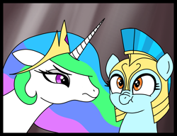 Size: 3087x2375 | Tagged: safe, artist:anonymous, imported from derpibooru, princess celestia, alicorn, pony, biggus dickus, colored, drawthread, duo, duo female, female, guardsmare, helmet, implied loose crack, light beams, looking at someone, mare, monty python, monty python's life of brian, parody, ponified, ponified scene, pontius pilate, pun, requested art, royal guard, scene parody, stare, stifling laughter, vulgar description