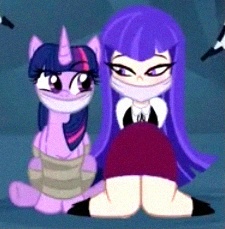 Size: 225x229 | Tagged: safe, artist:beckynatt, edit, imported from derpibooru, twilight sparkle, alicorn, human, pony, bondage, bound and gagged, calm, cloth gag, clothes, dc comics, dc superhero girls, duo, duo female, female, gag, help us, impressed, looking at each other, looking at someone, relaxed, ribbon bow tie, rope, rope bondage, shirt, sitting, skirt, smiling, smirk, tied up, twilight sparkle (alicorn), waistcoat, zatanna